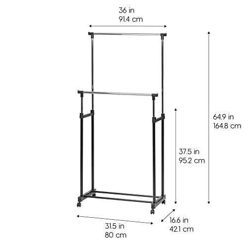 IRIS USA Clothes Rack, Portable Double-Rod Height Adjustable with Lockable Wheels, Rolling Garment Rack, Double Rod Wardrobe Rack, Easy Assemble, for Clothes, Belts, Shoes, and Bags