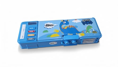 Image of Parshya Kids Dinosaur Pencil Box with Multi-Function Pop-Out Buttons | Dual Storage, Built-in Sharpener, Writing Pad, Password Lock | Premium ABS Plastic Pencil Case for Boys & Girls