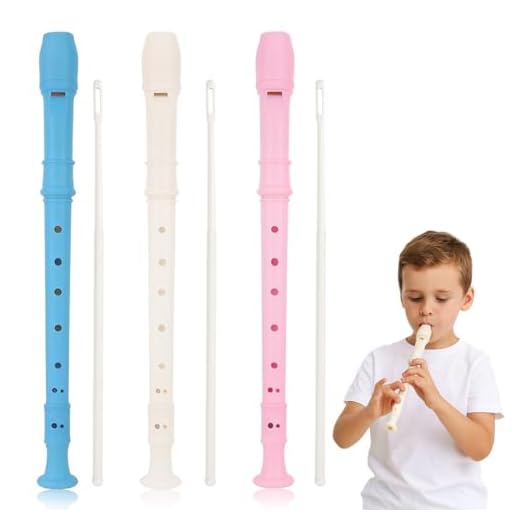 3 piezas de flautas dulces infantiles, flautas dulces infantiles de plástico, flautas dulces infantiles de 8 agujeros, con varilla de limpieza (blanco, azul, rosa).