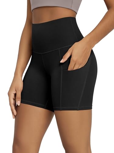 ODODOS 5' Tummy Control Biker Shorts for Women with Pockets High Waist Athletic Workout Yoga Shorts, Black, Large