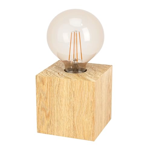 EGLO Tischlampe Prestwick 2, Deko Tischleuchte, Nachttischlampe Würfel aus Holz in Natur, FSC100HB, Tisch Lampe für Wohnzimmer und Schlafzimmer, E27 Fassung
