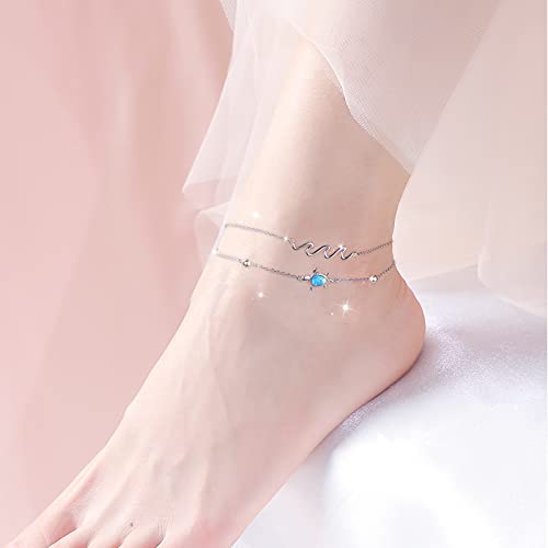 Image of Flyow Anklet for Women S925 Sterling Silver Adjustable Foot Beaded Heart Charm Ankle Bracelet Anklets Jewelry