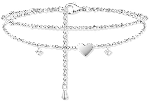 Heart Ankle Bracelets for Women Waterproof, Sliver Plated Zircon Gemstone Charm Layered Anklets for Womens, Silver Boho Jewelry Gifts for Mom, Women Summer Beach Vacation Fashion Jewelry