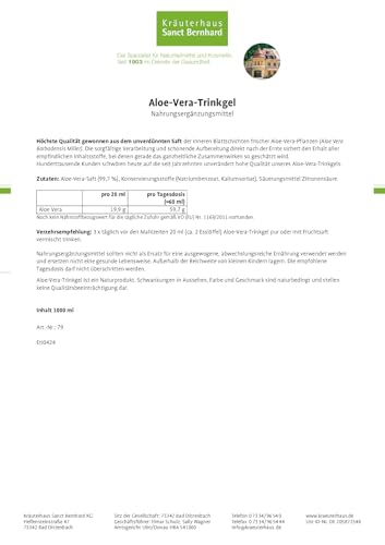 Sanct Bernhard Aloe Vera Drink (1L) Aus dem unverdünnten Aloe Vera Saft frischer Pflanzen | Trinkgel von der Barbadensis Miller Pflanze | Höchste Qualität | Naturprodukt | Made in Germany