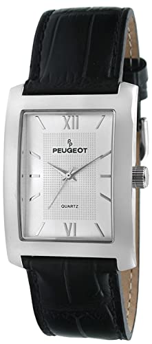 Opiniones de Cartier Santos Top 5. 34 Peugeot - Reloj de pulsera clásico con esfera de números romanos y textura rectangular para hombre con correa de piel, Plata/Negro, Mediano, Classic
