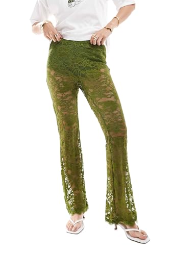 UAURORAO Women Lace Bell Bottoms See Through Leggings Wide Leg Flare Pants Sheer Mesh Hollow Out Cover Up Trousers