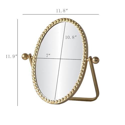 HuiDao Vintage Vanity Table Mirror, Desk Makeup Mirror Metal Framed with Stand, Gold Oval Retro Mirrors 360 Adjustable Rotation for Tabletop, Bedroom, Bathroom, Living Room, Antique 10.8'' x 7''