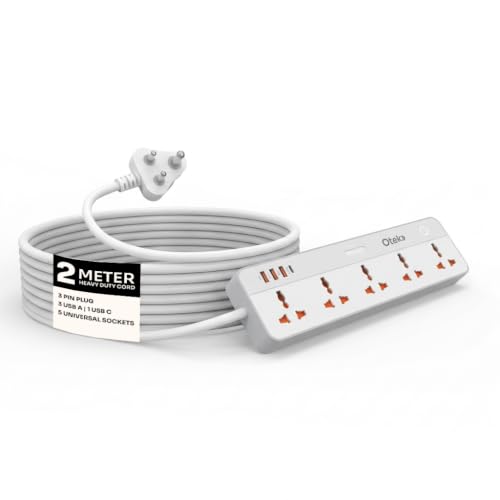 Image of OTEK Extension Board 5 Universal Sockets 3 USB Type A 1 Type C Port 2 Meter Cord 2500W 10A Surge Protector Fire Resistant ABS Body White for Home Office