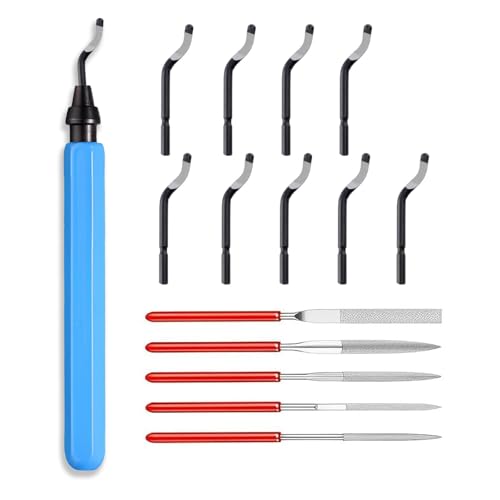 Entgratwerkzeug Hellblau, 360 ° Drehbarer Metall Entgratgriff, Klingen für Entgrater, Entgrater 3d druck, mit 10 Stück Ersatzklingen und 5 Diamant-Feilen, Handentgrater, für Kunststoff, Aluminium
