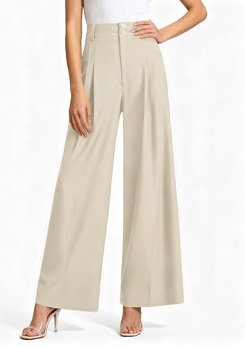 PRETTYGARDEN Womens Spring Wide Leg Palazzo Pants 2026 Trendy Loose Button High Waist Pleated Work Business Casual Trousers (Beige,Small) — view 4