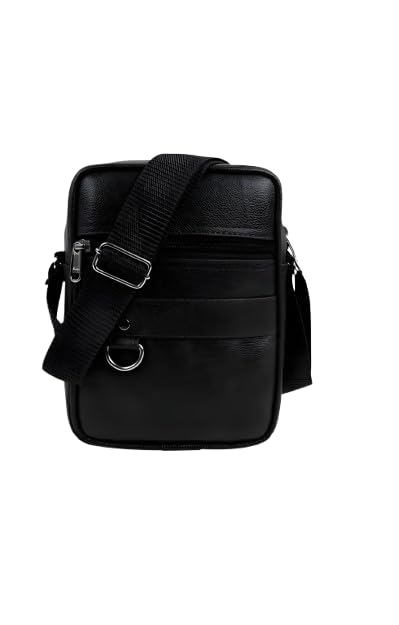Black Crossbody Sling Bag for Men – Stylish Faux Leather Side Bag with Adjustable Strap, Front Zipper Pocket & Metal Ring Hook – Travel, Office, Daily Use-image-32