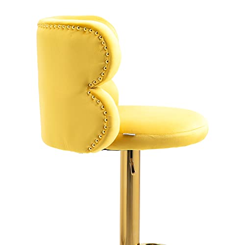Ssline Upholstered Velvet Barstool Modern Swivel High Bar Chair With Arced Back &Footrest Adjustable Kitchen Counter Height Stools W/Stylish Rivets & Gold Base For Dining Room Home Bar -Yellow&Golden #TOP6
