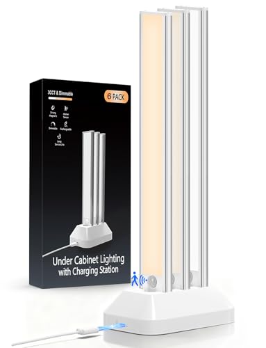 Image of 14in Under Cabinet Lighting with Charging Station, 3200mAh Rechargeable Motion Sensor Light Indoor, Magnetic Under Cabinet Lights for Kitchen, 3 Color Tempers Dimmable Closet Lights Wireless, 6-Pack