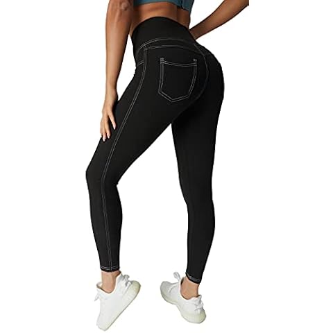 JEGGE Women's 4 Way Stretchy Jeggings High Waist Tummy Control Jean Leggings with Pockets (Black, XL, x_l) Cover