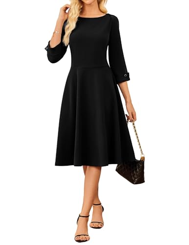GRACE KARIN Church Dresses for Women Business Casual 3/4 Sleeve Dress Fit and Flare Elegant Midi Work Dress Black L