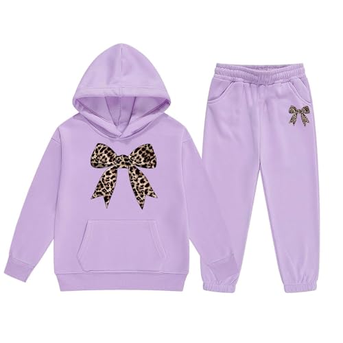Generisch Conjunto de ropa de invierno para niñas, sudadera con capucha y pantalones de chándal para niños, cómodo y casual, con estampado elegante para niños pequeños a adolescentes, morado, 12-13