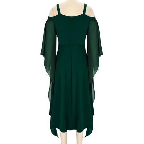 Vestido feminino com alças finas, manga 3/4 Dolman, ombro vazado, renda midi, férias, Halloween, mal