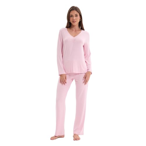 Navisting Women's Soft Knit Pajamas Set V-Neck Top and Pants Long Sleeve Two Piece Loungewear Elegant Wavy Hem Sleepwear with Color Options Cherry Blossom S