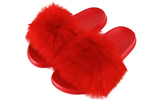 Hangrui Women's Faux Fur Slides, Open Toe Cute Slippers, Comfortable Sandals with Fluffy Fur