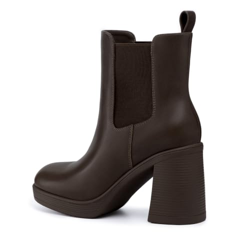 Athlefit Women's Platform Chelsea Boots High Chunky Heel Ankle Boots Square Toe Slip On Elastic Heeled Booties Dark Brown Size 6.5 — view 4
