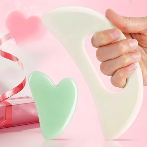 Image of Jade Stone Gua Sha Massage Tool Set Larger Guasha Board with Handle Muscle Scraping Massage Tools Facial Anti Cellulite Spa Acupuncture Tools for Massage, Lymphatic Drainage Valentine's Day Gifts