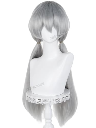 Image of Half and Half Silver Gray Ponytail Anime Cosplay Wig with Bangs 29.5'' Long Dark Gray Pigtail Twin Tail Wigs for Women Party Costumes Halloween