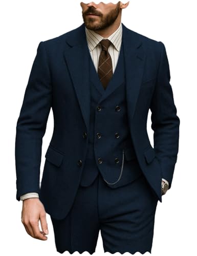 Men's Suits Slim Fit 3 Pieces Tweed Herringbone Double Breasted Jacket+Vest+Pants Wedding Grooms