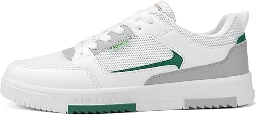Image of Men's Fashion Sneakers, White and Green, Low-Top Lace-Up Casual Shoes with Mesh Panel