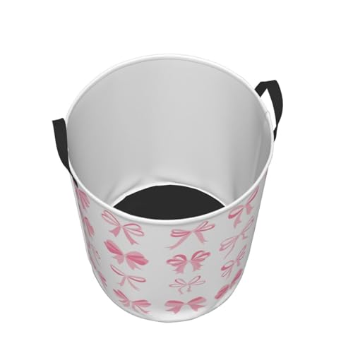 Image of Laundry Basket Room Decor,Round Laundry Hamper Waterproof Dirty Clothes Hamper Collapsible Laundry Baskets With Handles,Toy /Clothes Storage Basket For Home Dorm Bathroom Decor (Pink Bow)