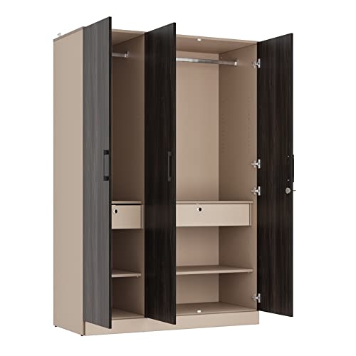 Image of Wakefit Wardrobe | 1 Year Warranty | Engineered Wood Almirah, Cupboard for Clothes Storage | 3 Door, 4 Shelves, 2 Drawers, 2 Hanging Space | Cashmere Plus - Frappe-Wyoming Maple