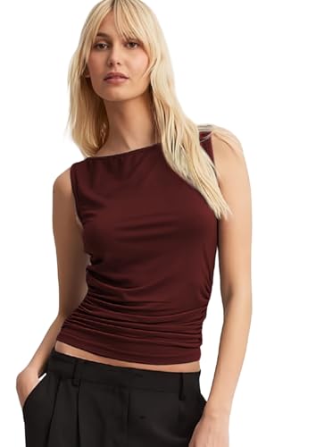 Image of SIGHTBOMB Ultra Soft Microfiber OH SO Soft Boat Neck Sleeveless Ruched SOFTLINE Cuddle TEE Tank TOP for Women TOP