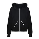 CORIRESHA Women Faux Fur Hoodie Zip Up Long Sleeve Y2k Grunge Sweatshirt with Pockets Black