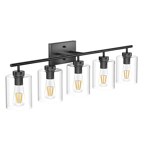 Aipsun 5 Lights Black Vanity Light Fixtures Over Mirror with Clear Glass Shades Industrial Wall Light Fixture for Bathroom(Exclude Bulb) by Aipsun - Image 2