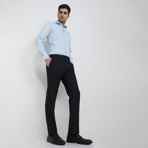 Image of Raymond Men Slim Fit Solid Pattern Poly Viscose Elastane Blend Flat Front Formal Trouser