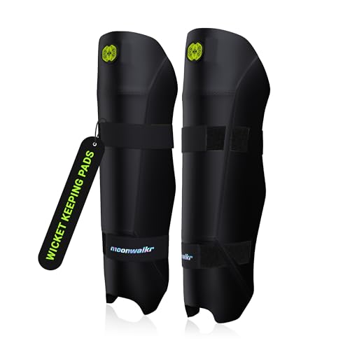 moonwalkr Cricket Wicket Keeping Shin Guards Cricket Guard for Keepers Height (54-66) Wicket Keeping Pads Super Slim Gear Comes with a 3-inch Strap (Black Adult)