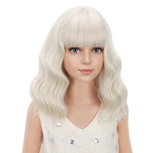Image of PATTNIUM Platinum Blonde Wig Short Wavy Wig with Bangs Synthetic Blonde Wig Women Cosplay Halloween Party Costume Wig (Platinum Blonde)