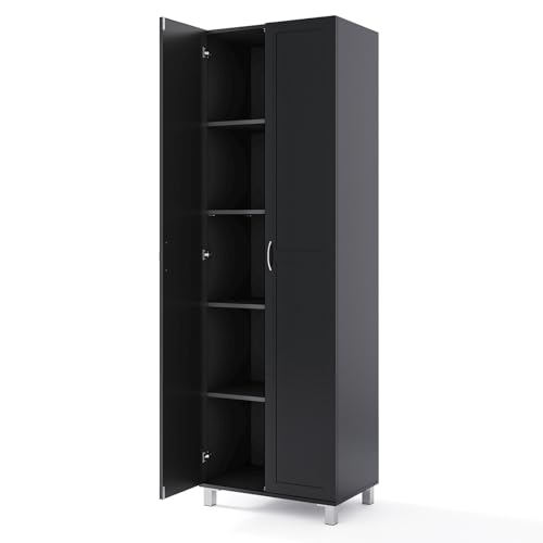 GiantexUK 187cm Tall Kitchen Cupboard, 2 Doors Freestanding Storage Cabinet with Adjustable Shelf & Raised Legs, Wooden Pantry Sideboard Unit for Hallway Dining Living Room (Black)