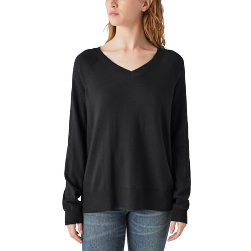 Lucky Brand Women's V-Neck Sweater, Long Sleeves, Side Slits, Cotton Blend, Cream/Green/Red/Black