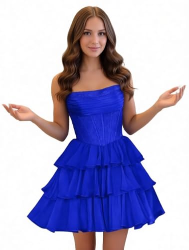 Zechunformal Strapless Tiered Ruffle Prom Homecoming Dress, Short Cocktail Party