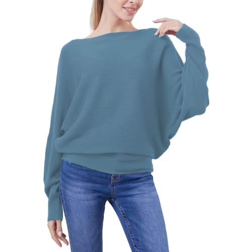 Image of FULIER Women Oversized Boat Neck Batwing Sleeves Dolman Knitted Sweaters Lightweight Pullovers Tops One Size