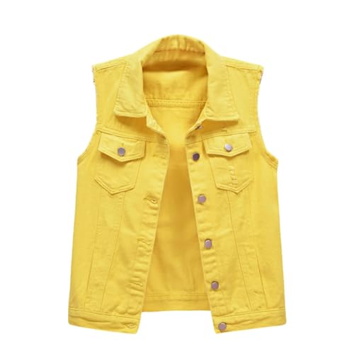 Gilet en jean multicolore pour femme court printemps et été mince en toile de jute sans manches épaules trous cassés gilet veste mousse maison, jaune, L