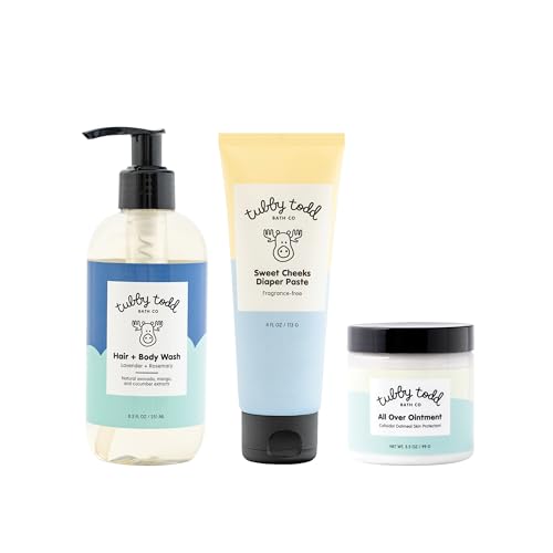 Image of TUBBY TODD Baby Bundle Newborn Skin Care Set - Hypoallergenic Hair + Body Wash, All Over Ointment with Colloidal Oatmeal, Sweet Cheeks Diaper Paste - Lavender Rosemary, Standard Size