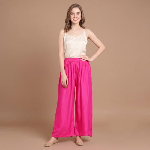 Image of FASHION GALLERY Women's Solid Rayon Palazzo Pants | Relaxed Fit Full Length Wide Leg Palazzo | Elastic Waist Comfortable Casual Lounge Office Ethnic Flared Trousers for Women