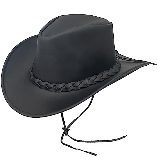 Cappello da cowboy di alta qualità: questo cappello australiano in pelle bush premium è realizzato con la migliore vera pelle e cuciture rinforzate di alta qualità. Questo cappello è progettato perfettamente per qualsiasi attività all'aperto. È anche resistente all'acqua e presenta una fodera interna traspirante. Il sottogola regolabile garantisce una vestibilità comoda e sicura. Ha anche una tesa larga per fornire la massima protezione solare. Il cappello è disponibile in una gamma di dimensioni, rendendolo un ottimo regalo per familiari e amici.