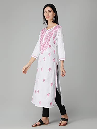 Image of Seva Chikan Hand Embroidered Lucknowi Chikankari Regular Straight Cotton Kurta Kurti for Women SCL4243