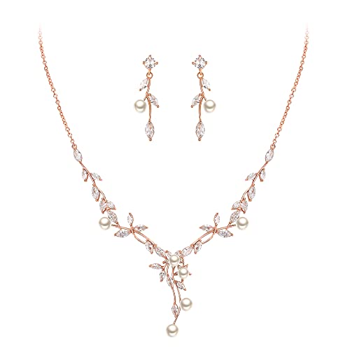 Image of EVER FAITH Wedding Cubic Zirconia Jewelry Set for Women, Marquise White Simulated Pearl Floral Vine Bridal Prom Necklace Earrings for Bride