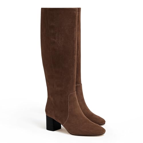 Coutgo Womens Chunky Heel Knee High Boots Suede Round Toe Fall Winter Tall Boots with Side Zipper, Coffee, Size 8