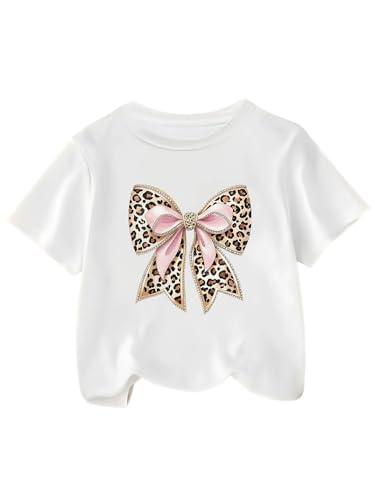 Girls Leopard Bow Graphic Summer Cute T Shirts Crew Neck Short Sleeve Casual Tee Tops