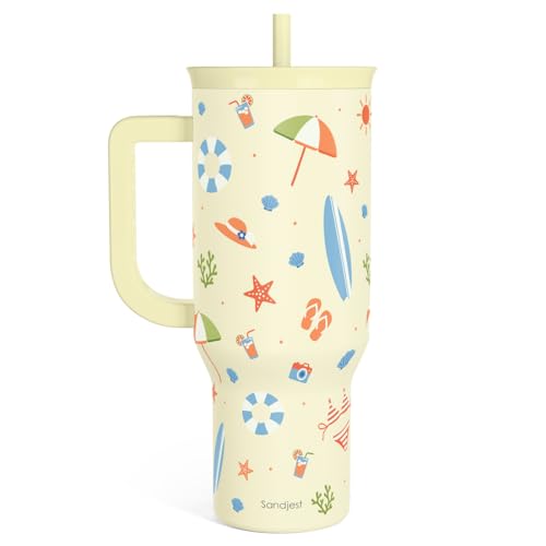 SANDJEST Beach 40oz Tumbler with Handle and Straw, Insulated Stainless