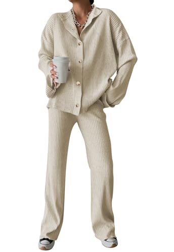 Cakulo Womens 2 Piece Outfits 2024 Lounge Sets Button Cardigan Knit Sweater Pants Loungewear Matching Set Beige M